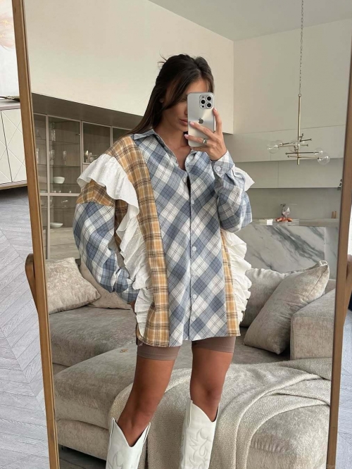 Women's Fashion Plaid Shirt Cotton Blend Contrast Color Patchwork Ruffle Long Sleeve Turndown Collar Single Breasted Loose Casual Blouse Streetwear Top