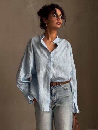 Women Striped Long Sleeve Blouse Cotton Blend Single Breasted Stand Collar Shirt Loose Fit Streetwear Minimalist Commuter Top Casual Button Up Blouse