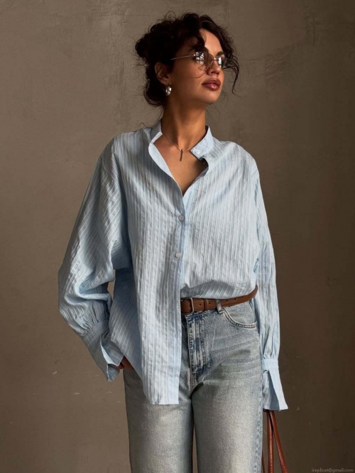 Women Striped Long Sleeve Blouse Cotton Blend Single Breasted Stand Collar Shirt Loose Fit Streetwear Minimalist Commuter Top Casual Button Up Blouse