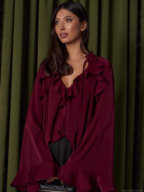 Women's Elegant Ruffle Blouse Satin Polyester V Neck Flare Sleeve Top For Office Daily Commuting Casual Loose Shirt