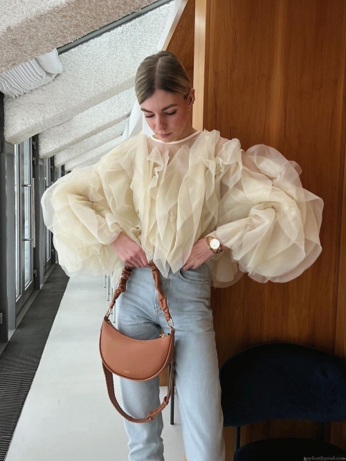 Women Elegant Tiered Ruffle Organza Blouse Long Sleeve Round Neck Puff Sleeve Pullover Shirt With Detachable Flower Accessory French Retro Chiffon Top For Women