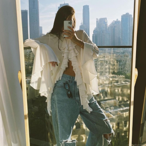 French Style Ruffle Chiffon Blouse For Women Elegant Flare Sleeve Mock Neck Long Sleeve Pullover Tops Office Daily Casual Solid Color Fashion Shirt