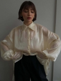 Elegant Women's Polyester Satin Sheer Blouse Long Lantern Sleeve Tie Cuff Shirt Pearlized Glossy Silk-Like Loose Fit Top For Fashion Commute