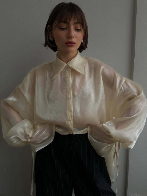 Elegant Women's Polyester Satin Sheer Blouse Long Lantern Sleeve Tie Cuff Shirt Pearlized Glossy Silk-Like Loose Fit Top For Fashion Commute