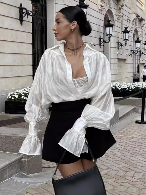 Women's Elegant Satin Lantern Sleeve Blouse Oversized V-Neck Ruffle Cuff Shirt For Commute Party French Style Solid Color Tops