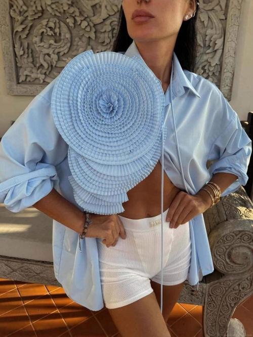 Women's Fashion 3D Pleated Flower Decoration Polyester Shirt Long Sleeve Solid Color Button Down Blouse Casual Commute Top