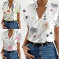 Women's Floral Printed V Neck Short Sleeve Shirt Polyester Loose Casual Commuting Blouse Summer Top For Ladies Elegant Lightweight Chic Tops