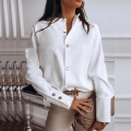 Women's Elegant Stand Collar Long Sleeve Shirt Solid Color Metal Button Blouse For Office Commuter Minimalist Silk-like Polyester Blend Top