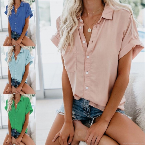 Women's Short Sleeve Button Down Shirt Casual Lapel V Neck Blouse with Pocket Polyester Cotton Blend Summer Solid Color Loose Daily Tops