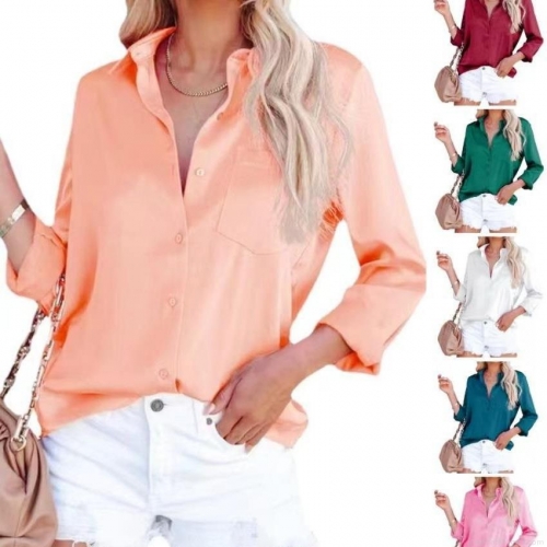 Women's Elegant Satin Long Sleeve Blouse V Neck Office Business Shirt Solid Color Silk Like Acetate Top With Single Pocket Casual Commute Button Up Tops
