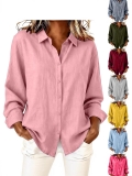 Women Casual Cotton Linen Long Sleeve Blouse Turn-down Collar Button Down Shirt Loose Fit Mid-length Retro Solid Color Top Spring Summer Breathable Streetwear