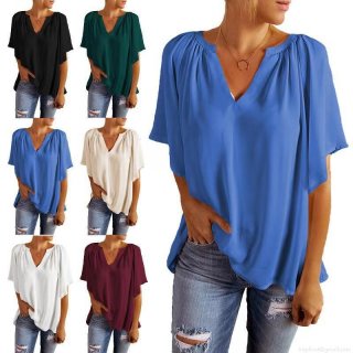 Women's V Neck Chiffon Blouse Loose Short Sleeve Pleated Summer Top Elegant Commuting Solid Color Casual Pullover Shirt For Women