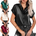Women's Elegant Satin Short Sleeve Button Down Shirt Loose Casual Silk Blouse Office Work Commuter Top Chic Solid Color Summer Clothing