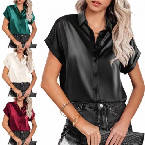 Women's Elegant Satin Short Sleeve Button Down Shirt Loose Casual Silk Blouse Office Work Commuter Top Chic Solid Color Summer Clothing
