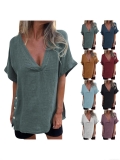 Women's V Neck Cotton Linen Blouse Short Sleeve Loose Fit Side Button Detail High Low Hem Solid Color Breathable Summer Casual Top