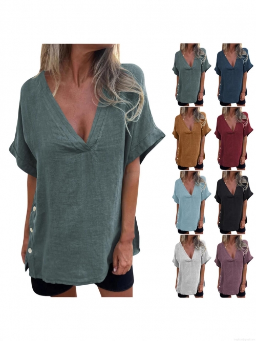Women's V Neck Cotton Linen Blouse Short Sleeve Loose Fit Side Button Detail High Low Hem Solid Color Breathable Summer Casual Top