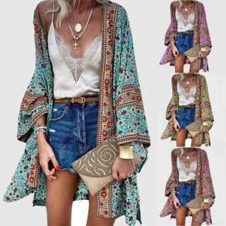 Women's Bohemian Floral Print Cardigan Lightweight Polyester Long Sleeve Beach Cover Up Loose Casual Kimono Blouse Tops For Summer Vacation