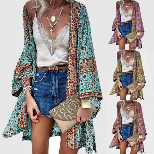 Women's Bohemian Floral Print Cardigan Lightweight Polyester Long Sleeve Beach Cover Up Loose Casual Kimono Blouse Tops For Summer Vacation