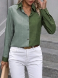 Women's Long Sleeve Button Down Blouse Linen Texture Color Block Patchwork Shirt Casual Office Commuting Lapel Top Ladies Daily Wear