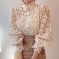 French Vintage Lace Blouse For Women Elegant Hollow Out Floral Patchwork Long Sleeve Stand Collar Shirt With Pearl Buttons Casual Party Tops