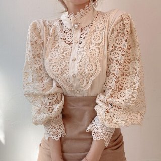 French Vintage Lace Blouse For Women Elegant Hollow Out Floral Patchwork Long Sleeve Stand Collar Shirt With Pearl Buttons Casual Party Tops