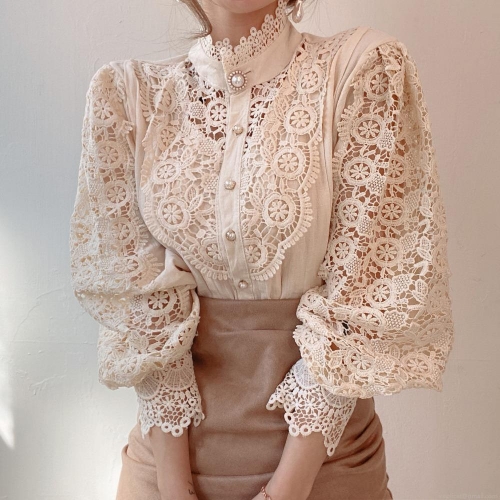 French Vintage Lace Blouse For Women Elegant Hollow Out Floral Patchwork Long Sleeve Stand Collar Shirt With Pearl Buttons Casual Party Tops