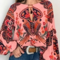 Women Bohemian Digital Parrot Floral Print Blouse Long Sleeve Chiffon Shirt Casual Loose V Neck Tassel Tie Tops Spring Summer Clothing