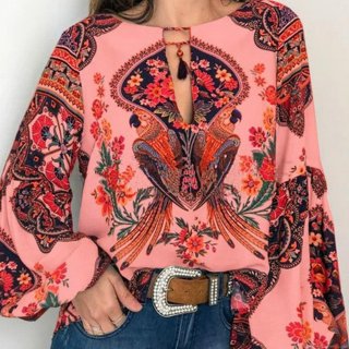 Women Bohemian Digital Parrot Floral Print Blouse Long Sleeve Chiffon Shirt Casual Loose V Neck Tassel Tie Tops Spring Summer Clothing