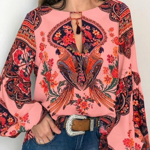 Women Bohemian Digital Parrot Floral Print Blouse Long Sleeve Chiffon Shirt Casual Loose V Neck Tassel Tie Tops Spring Summer Clothing