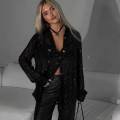 Women's Sexy Sequin Long Sleeve Button Up Shirt Blouse Polyester Lapel Loose Fit Sparkly Glitter Party Nightclub Fashion Top For Spring Summer