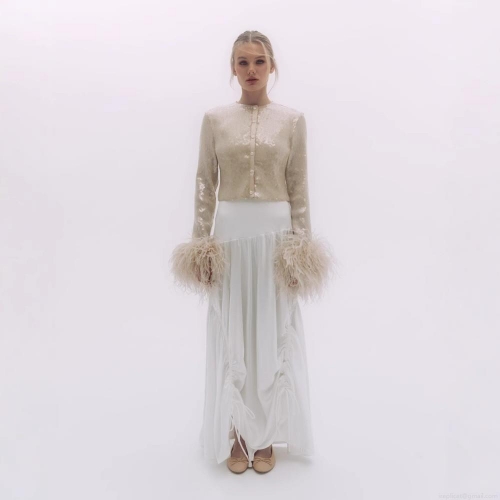 Luxury Women's Sequined Feather Trim Cardigan Elegant Rhinestone Long Sleeve Slim Fit Top for Party Nightclub Sexy Sparkly Champagne Sequin Blouse