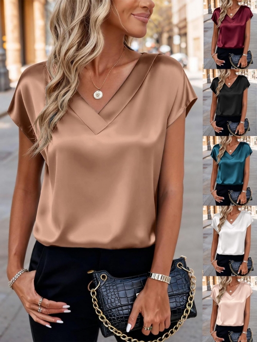 Women's Elegant Satin V-Neck Short Sleeve Blouse Silky Smooth Solid Color Summer Casual Office Work Shirt Top For Ladies