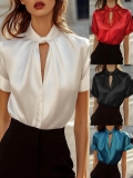 Women's Elegant Satin Short Sleeve Blouse Stand Collar Keyhole Cutout Shirt Solid Color Silk-Like Pullover Tops For Commute Summer Office Ladies