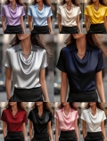 Women Satin Short Sleeve Blouse Cowl Neck Turn Down Collar Silk Like Solid Color Elegant Office Commute Casual Tops Shirt For Lady Summer Fashion Blouses