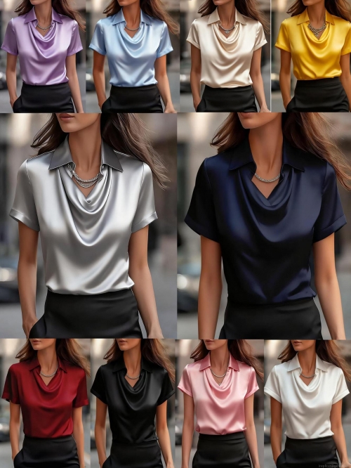 Women Satin Short Sleeve Blouse Cowl Neck Turn Down Collar Silk Like Solid Color Elegant Office Commute Casual Tops Shirt For Lady Summer Fashion Blouses