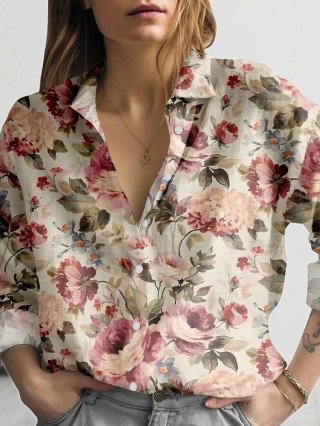 Women's Retro Floral Print Long Sleeve Blouse Casual Loose Button Down Shirt With Lapel Neck Vintage Style Polyester Tops For Ladies