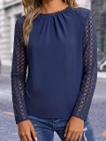 Elegant Women Navy Blue Long Sleeve Blouse With Lace Patchwork Raglan Sleeves And Pleated Round Neck Office Career Shirt Top