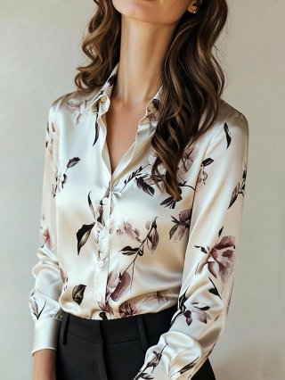 Women's Elegant Satin Water-Ink Floral Print Long Sleeve Shirt Lapel Button Down Blouse Office Lady Commute Silk-Like Luster Tops Spring Autumn Fashion