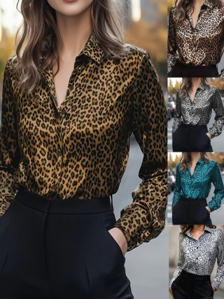 Women's Leopard Print Satin Long Sleeve Blouse Elegant Polyester Button Down Shirt Collar Office Commuter Top For Ladies