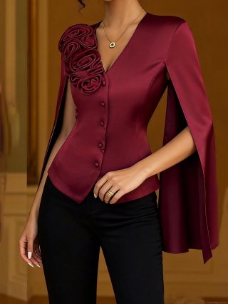 Women's Elegant Wine Red Satin Blouse With 3D Rose Flower Decoration V-Neck French Style Long Cape Sleeve Shirt For Party Office Lady Top