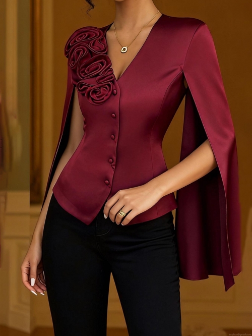 Women's Elegant Wine Red Satin Blouse With 3D Rose Flower Decoration V-Neck French Style Long Cape Sleeve Shirt For Party Office Lady Top