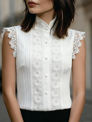 Women Elegant Sleeveless Mandarin Collar Lace Hollow Blouse White Pleated Button Front Slim Fit Shirt For Commute Office Daily Lady Tops