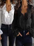 Women's Elegant V-Neck Lace Patchwork Blouse Fashion Long Puff Sleeve Pleated Polyester Solid Color Casual Commuter Pullover Shirt Tops for Women