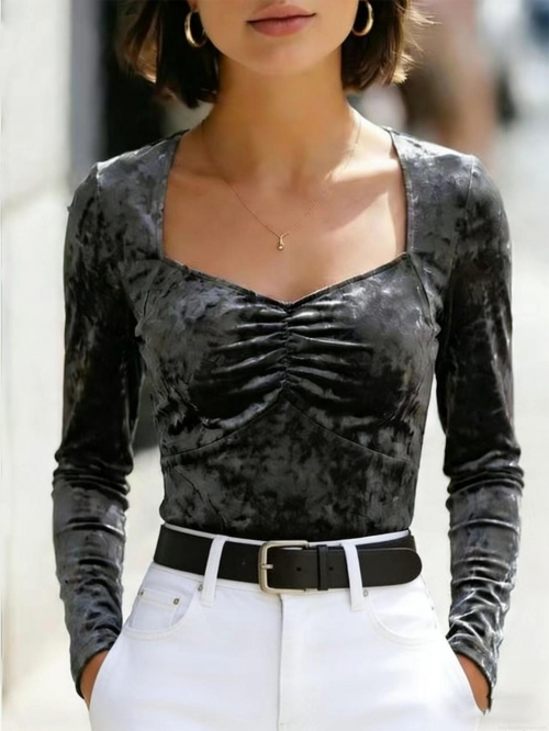 Women Elegant Velvet Square Neck Top Ruched Chest Slim Fit Long Sleeve Blouse Charcoal Grey Polyester Fall Winter Chic Shirt For Party Office Casual Wear
