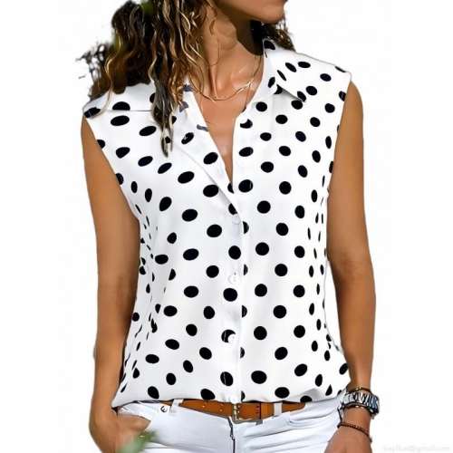Women's Elegant Sleeveless Polka Dot Blouse Fashion Lapel Button Down Satin Chiffon Top For Summer Office Commuter Casual Lady