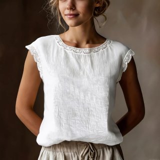 Women's Vintage Sleeveless Cotton Linen Shirt Loose Crew Neck Lace Patchwork Blouse Casual Summer Tank Top For Women