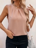 Women Elegant Sleeveless Pleated Round Neck Chiffon Blouse 95 Percent Polyester Solid Color Loose Fit Tank Top For Office Daily Casual Commute Stylish Shirt