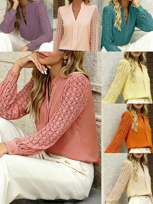 Women's Elegant V-Neck Lace Stitching Long Sleeve Blouse Hollow Out Polyester Top For Office Commuting Casual Stylish Shirt For Ladies