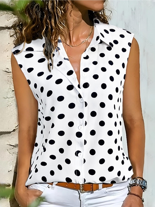 Women's Elegant Polka Dot Sleeveless Blouse Polyester Chiffon Lapel Button Down Casual Office Top Summer Fashion Commute Shirt for Ladies