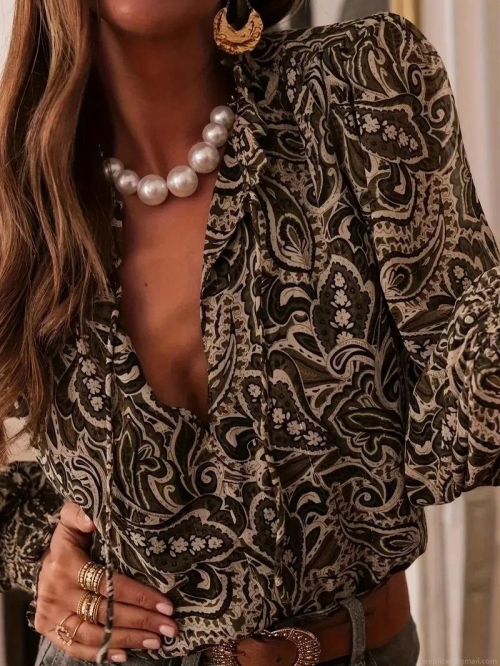 Women's Bohemian Paisley Print V-Neck Tie Long Sleeve Blouse Casual Retro Polyester Pullover Shirt For Daily Vacation Holiday Fashion Streetwear Top